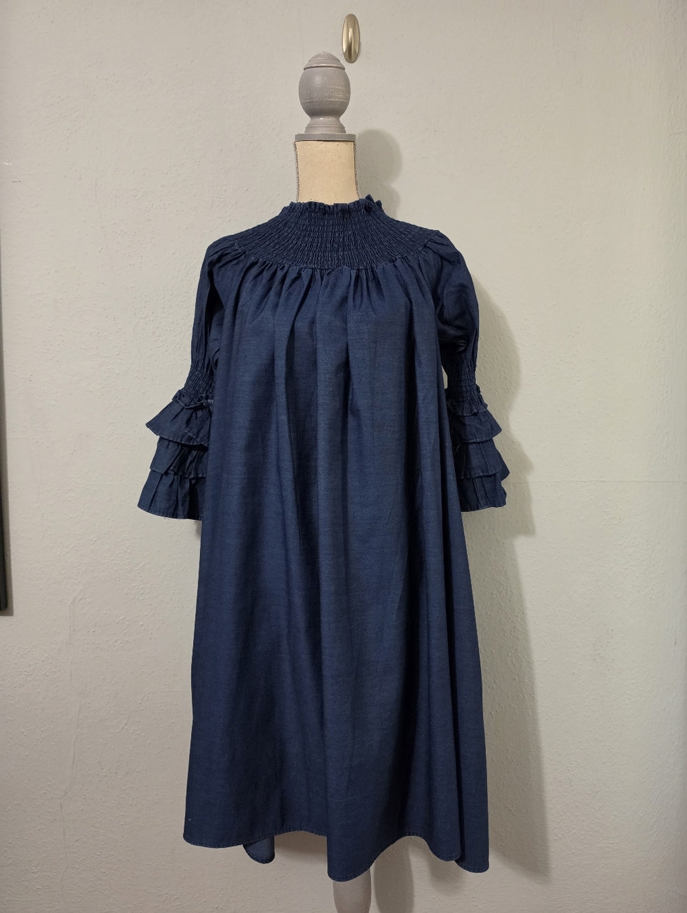 Elegant Navy Denim Off-Shoulder Dress with Ruffle Sleeves One Size